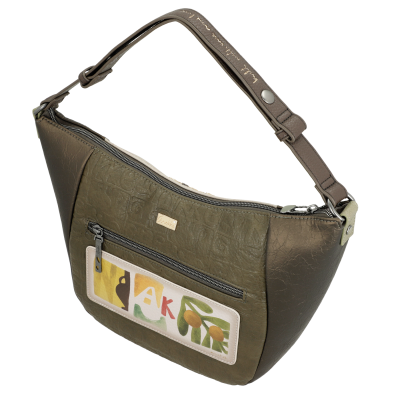 Mala de ombro verde-oliva e castanha com bolso frontal e alça com inscrição