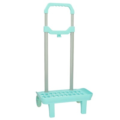 Carrinho de transporte azul turquesa com rodas e pega ajustável