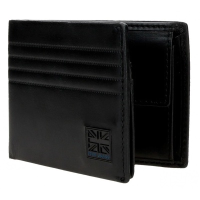 Carteira preta em couro com três linhas horizontais e logótipo PEPE JEANS