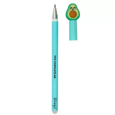 Caneta azul clara com tampa decorada com abacate sorridente