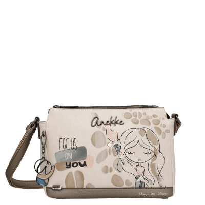 Saco de ombro bege com ilustração e texto