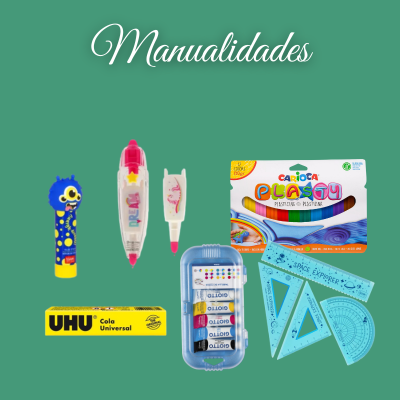 Materiais para manualidades como cola UHU, lápis, plastilina, tintas acrílicas e réguas azuis em fundo verde.