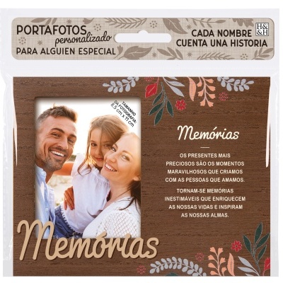 Porta-fotos personalizado castanho com flores e texto Memórias, embalagem plástica.