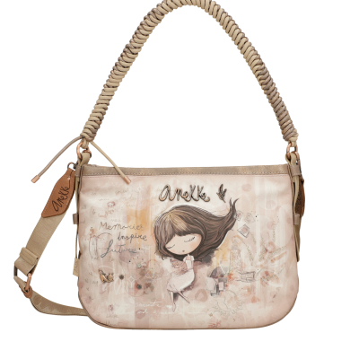 Bolsa de mão bege com ilustração de rapariga e alças trançadas