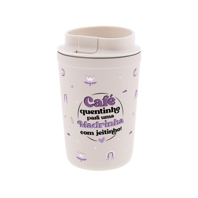 Copo térmico bege com texto em português e desenhos florais lilás.