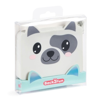 Bolsa infantil formato rosto de cão cinzento e branco com estojo transparente
