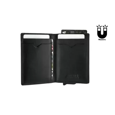 Carteira preta em couro com várias divisórias para cartões e texto MAGNETIC