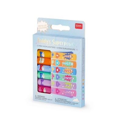Conjunto de 6 mini marcadores fluorescentes coloridos Teddys Superpower em embalagem azul claro
