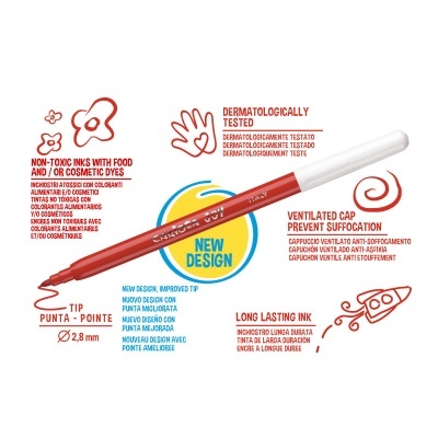 Lápis labial vermelho com tampa branca e texto explicativo sobre características do produto
