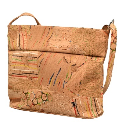 Mala de ombro em cortiça com padrão multicolorido e alça ajustável
