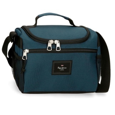 Bolsa térmica azul escura com alça preta e fechos metálicos.
