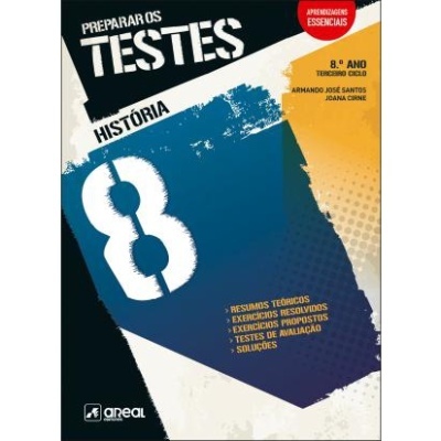 Capa de livro escolar Preparar os Testes História 8.º ano com cores preto, azul e amarelo