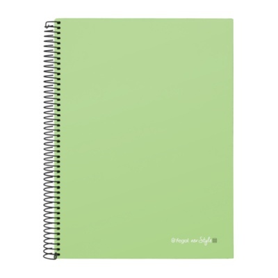 Caderno com capa verde clara e encadernação espiral preta