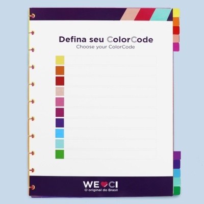Caderno com abas coloridas e texto 