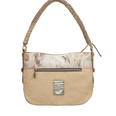 Mala bege com alça trançada e padrão geométrico