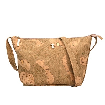 Mala de ombro em cortiça castanha com alça longa e pendente TF