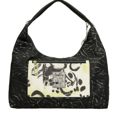 Mala de ombro preta com bolso frontal branco e padrão abstrato