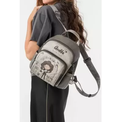 Mochila cinza bege com ilustração e texto Anekke Song of life