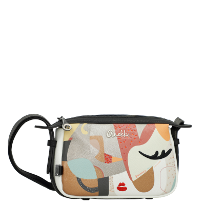 Mala de mão pequena com padrão abstrato colorido e alça preta