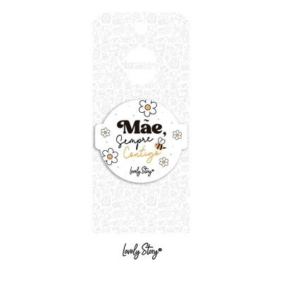 Etiqueta redonda branca com texto e desenhos de flores e abelha