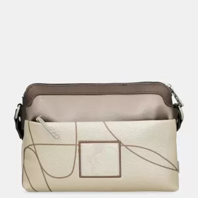 Bolsa bege e castanha com padrão de linhas e fecho de correr prateado