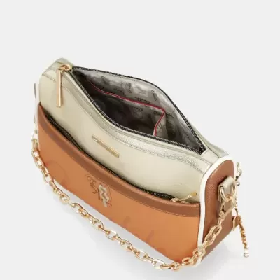 Carteira ou mala de mão pequena com couro castanho, bege e dourado, com corrente dourada e fecho de correr