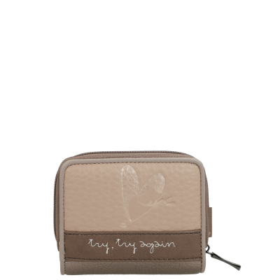 Carteira bege e castanha com padrão de borboleta e texto try, try again