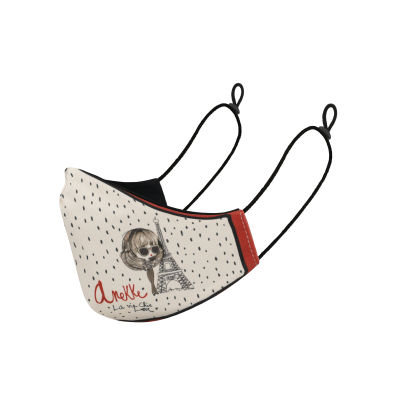 Máscara facial com desenho de menina, torre Eiffel e texto Anekke.