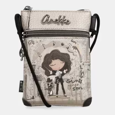 Bolsa pequena cinzenta e bege Anekke com desenho de menina e gato