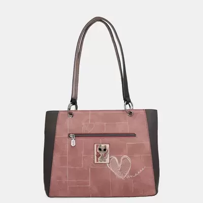 Mala de ombro rosa e castanho escuro com bolso exterior e desenho de coração