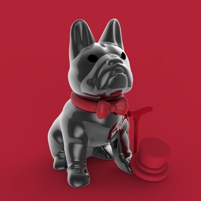 Estatueta de bulldog francês preto com gravata borboleta vermelha e acessórios vermelhos