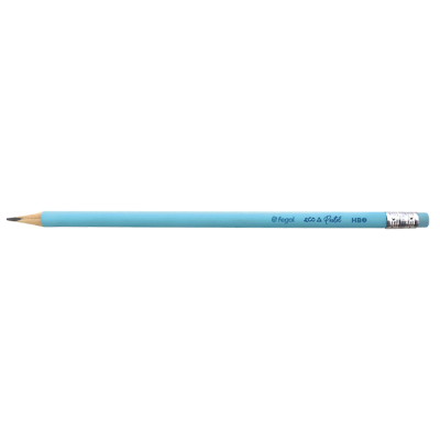 Lápis azul claro com borracha prateada e texto impresso