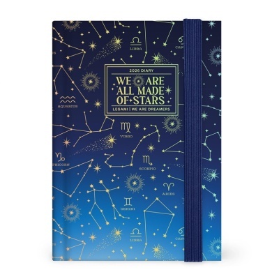 Agenda 2026 com capa de constelações e fecho elástico azul