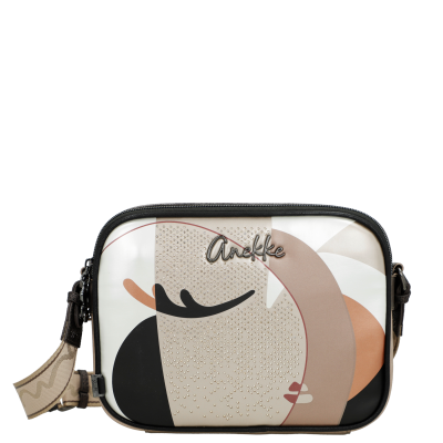 Mala de mão retangular bege com padrão abstrato e nome Anekke em metal