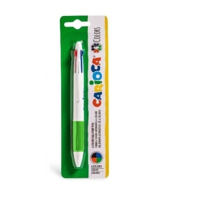 Caneta esferográfica multicolor CARIOCA COLORS com corpo branco e verde e embalagem em blister verde e amarelo