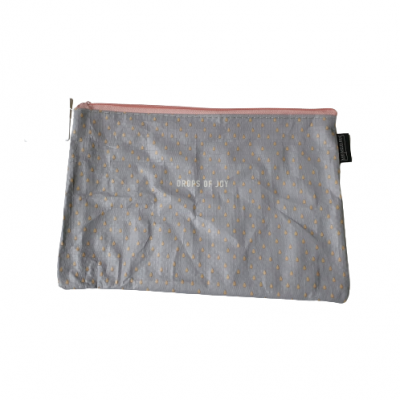 Mala cinzenta com padrão de gotas amarelas e fecho rosa com texto DROPS OF JOY.