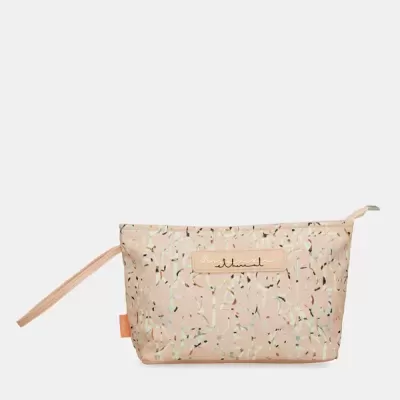 Bolsa de maquilhagem padrão abstrato bege com fecho de correr e pega lateral