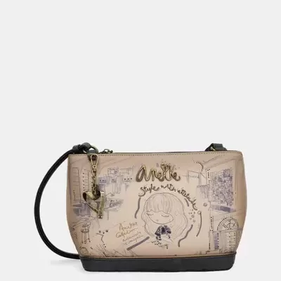 Bolsa bege com ilustrações e texto 