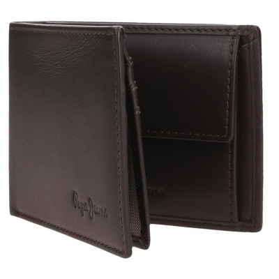 Carteira masculina castanha em pele com bolso e logo Pepe Jeans em relevo