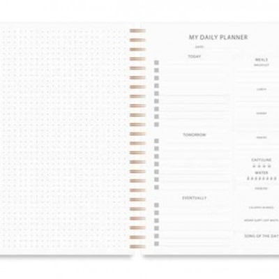 planner diário aberto com espiral dourada e seções de organização em páginas brancas