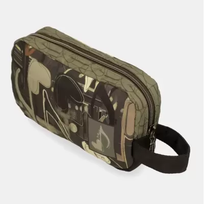 Bolsa de tamanho médio com padrão abstracto em tons verdes e bege, fecho metálico e alça preta