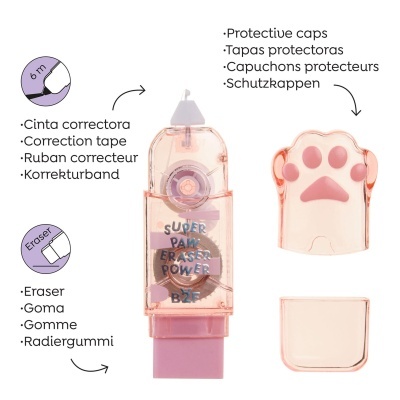 Cinta corretora rosa transparente com tampa de pata cor-de-rosa e borracha