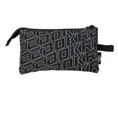 Estojo preto com padrão gráfico texto Reebok e fecho