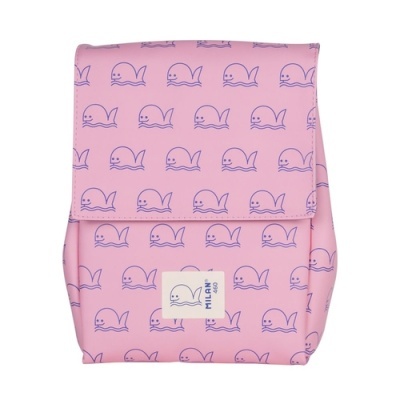 Mochila cor-de-rosa com padrão de baleias azuis e etiqueta MILAN 450