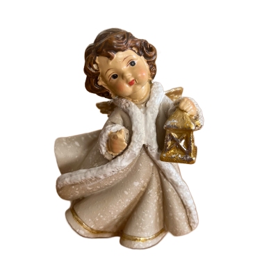 Figurinha decorativa de anjo em porcelana com vestido branco e lanterna dourada