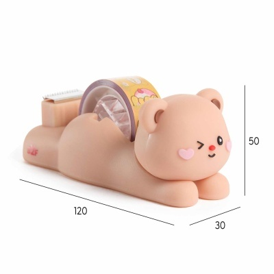 Porta fita adesiva em forma de urso bege com fita adesiva e cortador