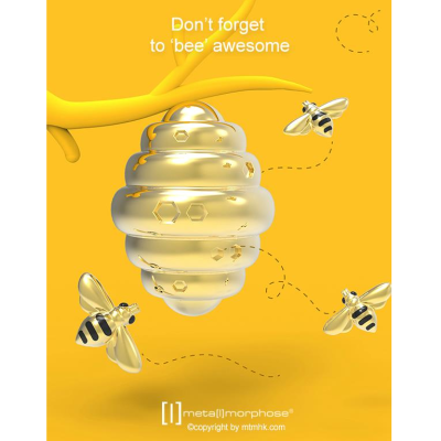 Colmeia metálica dourada com abelhas e texto inspirador em fundo amarelo