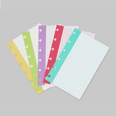 Folhas de papel quadriculado coloridas para agenda com furos