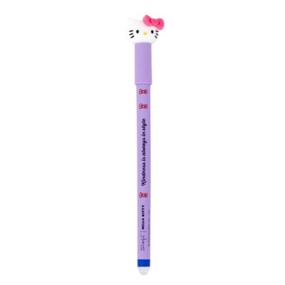 Caneta violeta Hello Kitty com tampa decorada e texto impresso no corpo