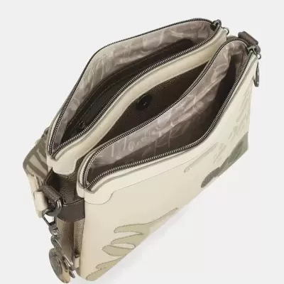 Mala de ombro bege e castanho com padrão e fecho de correr